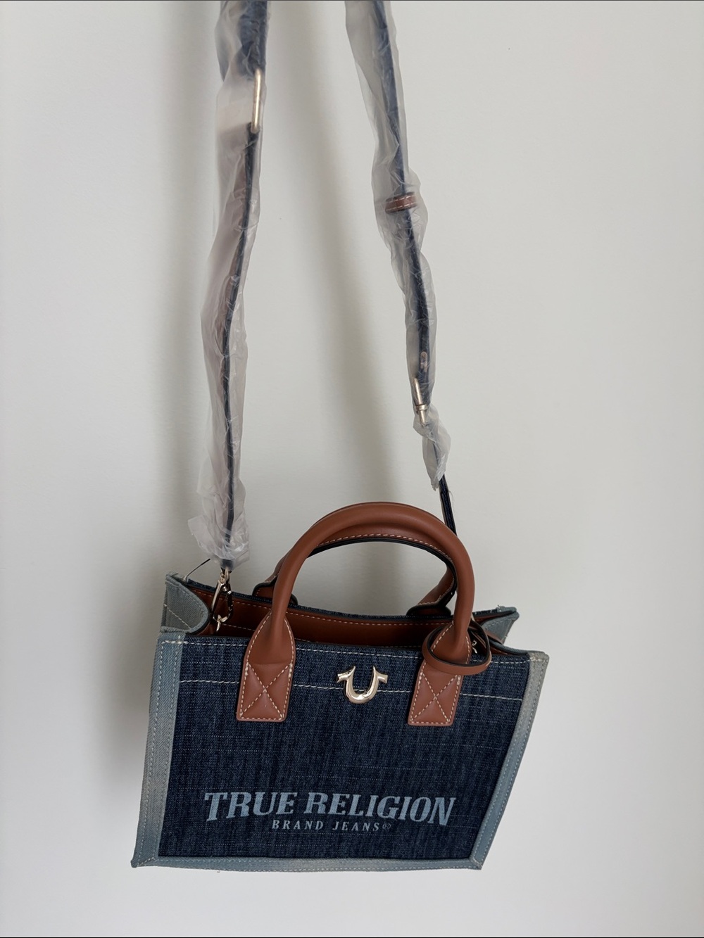True Religion Blue Denim Tote with Brown Leather Trim